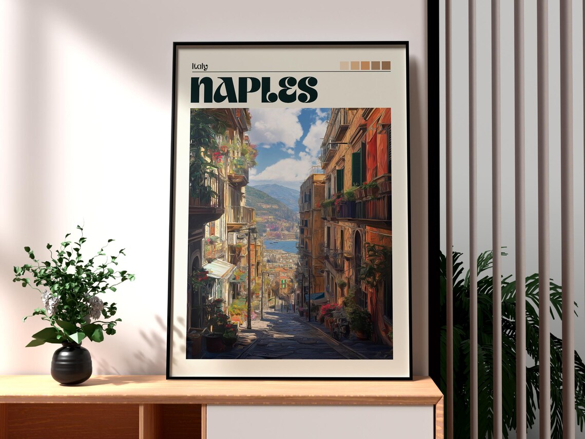 Naples Italy Flower Balcony Street Bay View Old Town Travel Poster
