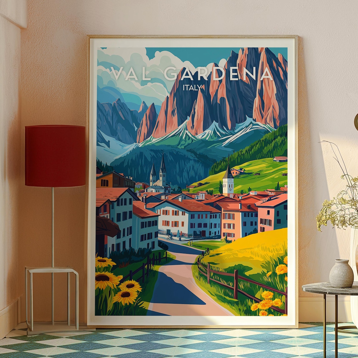 Val Gardena Italy Dolomite Red Peaks Village Sunflower Field Poster - Image 2
