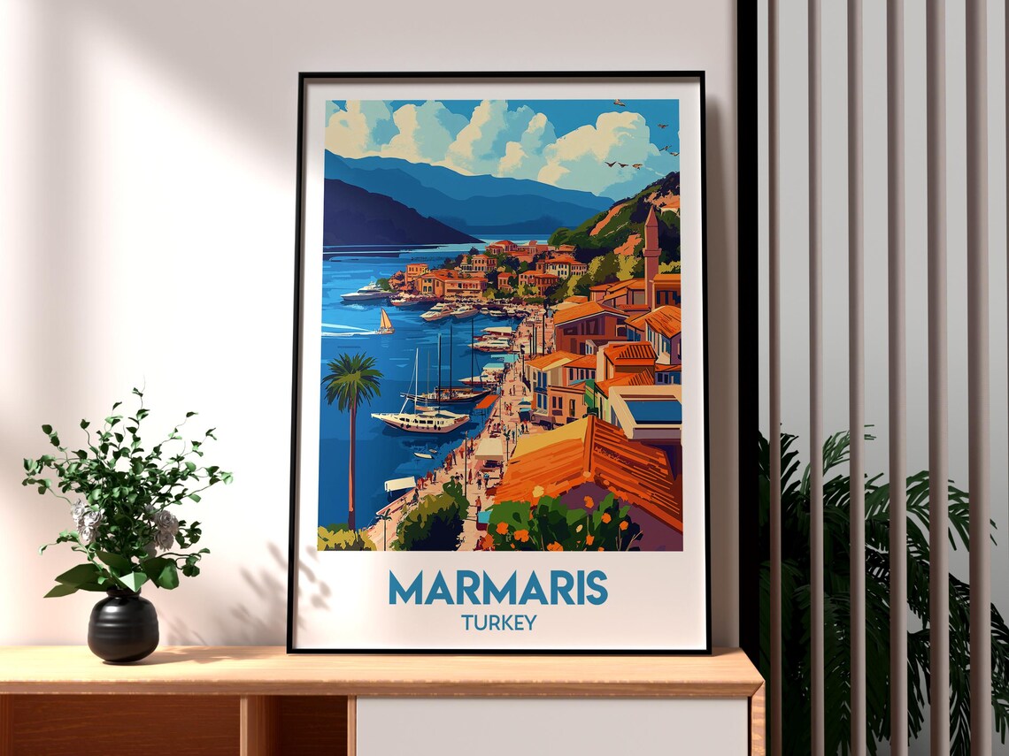 Marmaris Turkey Harbor Boats Minaret Coastal Town Travel Poster