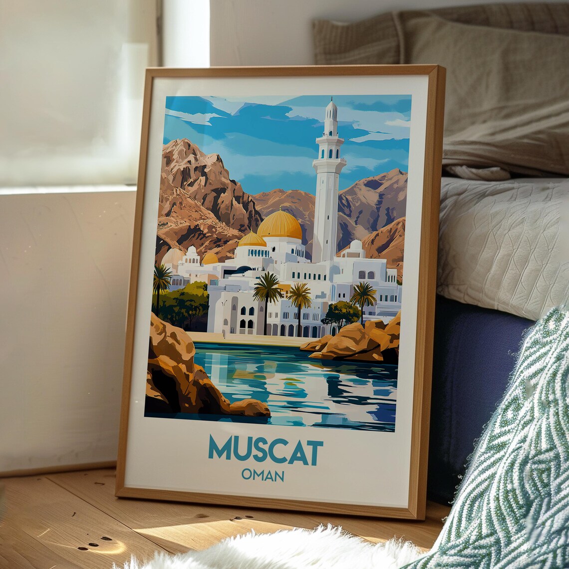 Muscat Oman Mosque Golden Domes Waterfront Mountains Travel Poster - Image 3