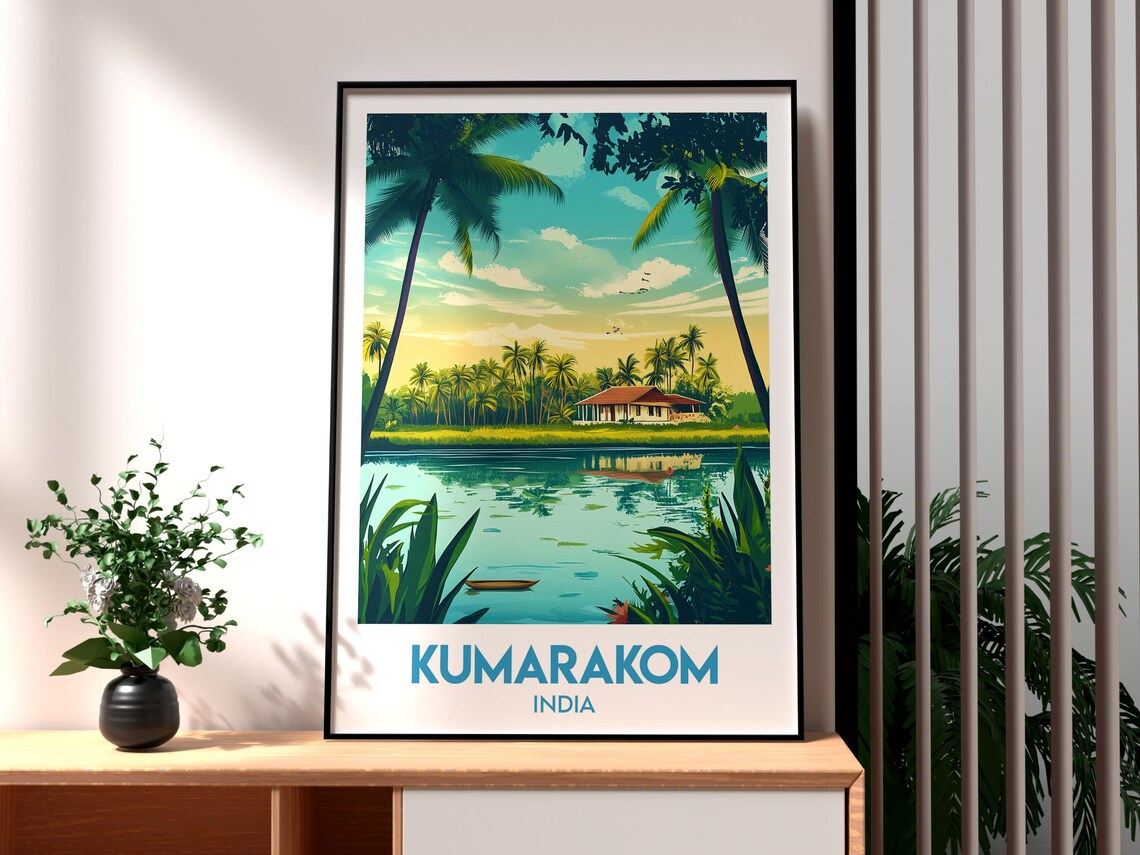 Kumarakom India Kerala Backwaters Canoe Vintage Travel Poster