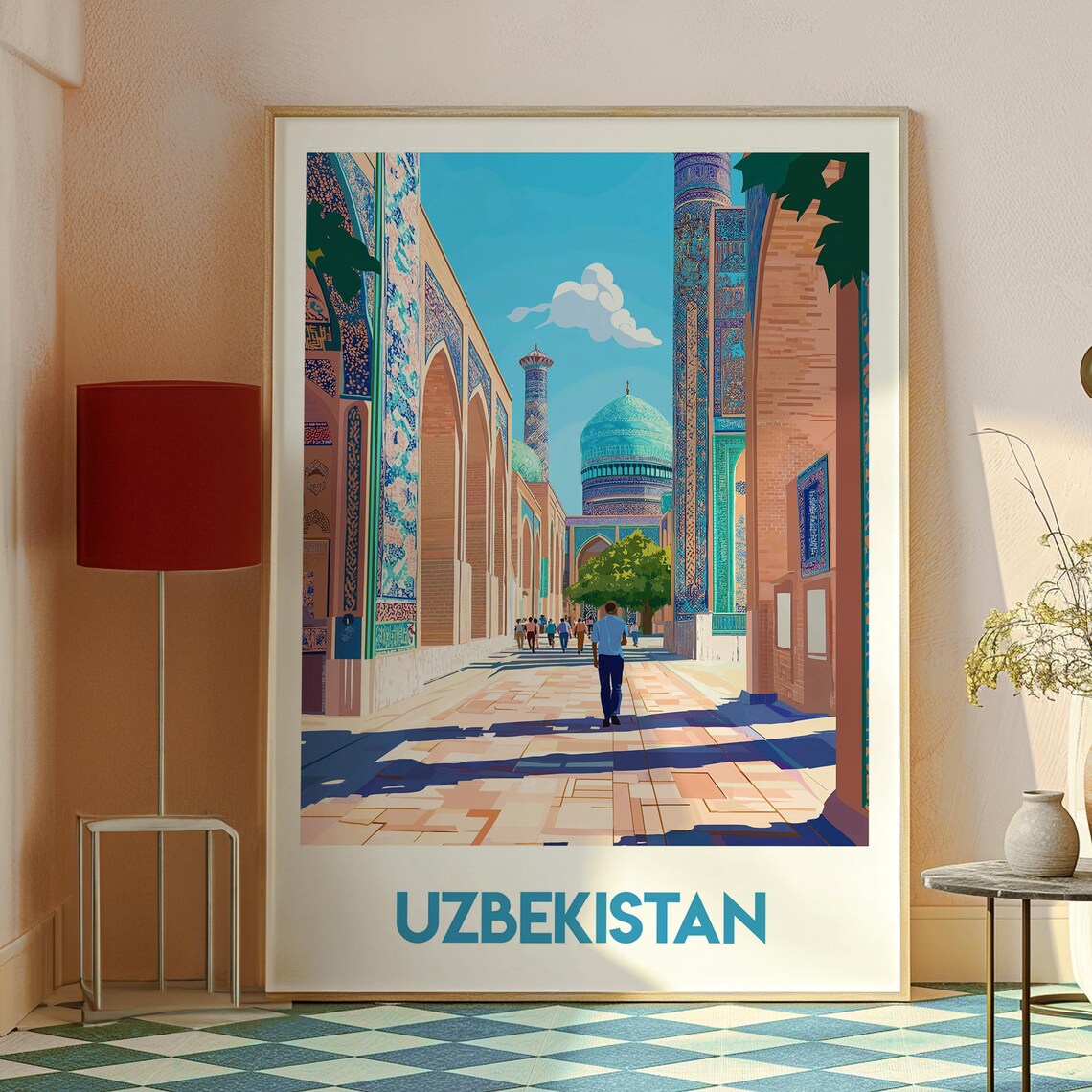 Uzbekistan Silk Road Blue Tiled Madrasas Courtyard Travel Poster - Image 2