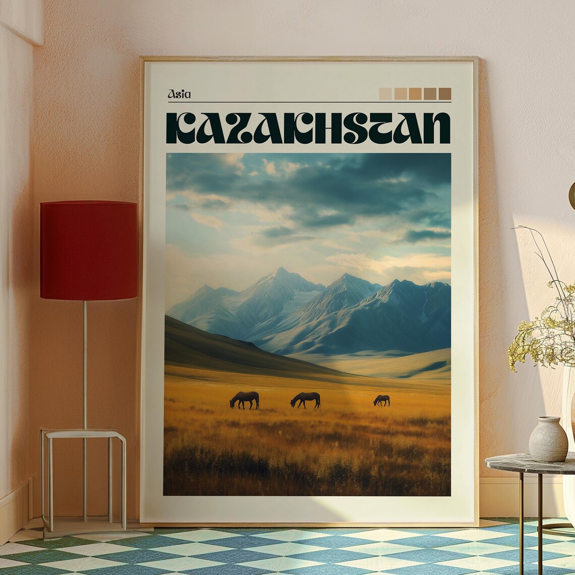 Kazakhstan Asia Steppe Horses Mountain Valley Vintage Poster - Image 2