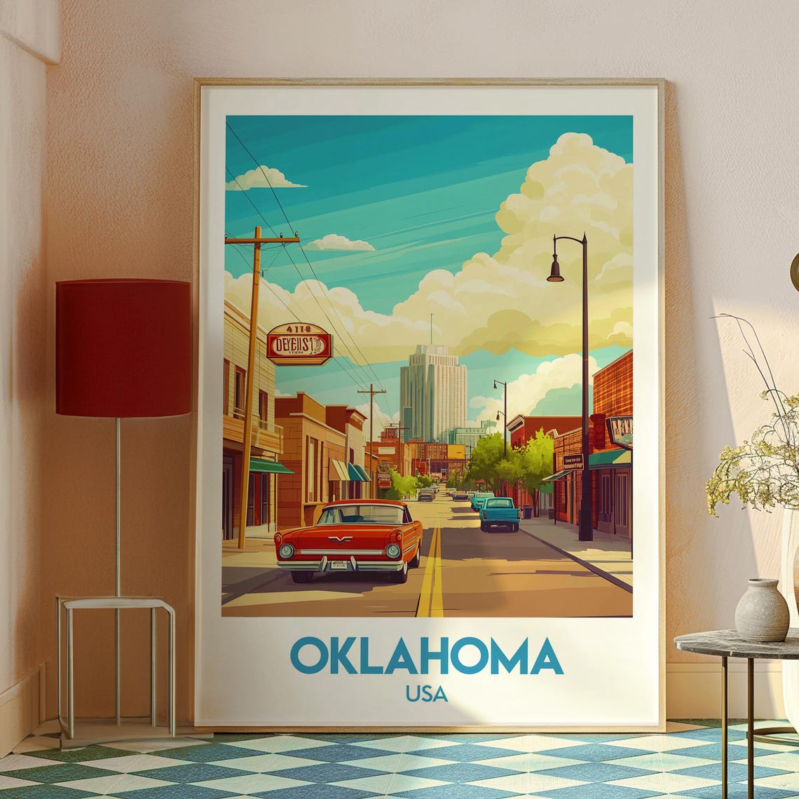 Oklahoma USA Retro Downtown Street Classic Car Skyline Poster - Image 2