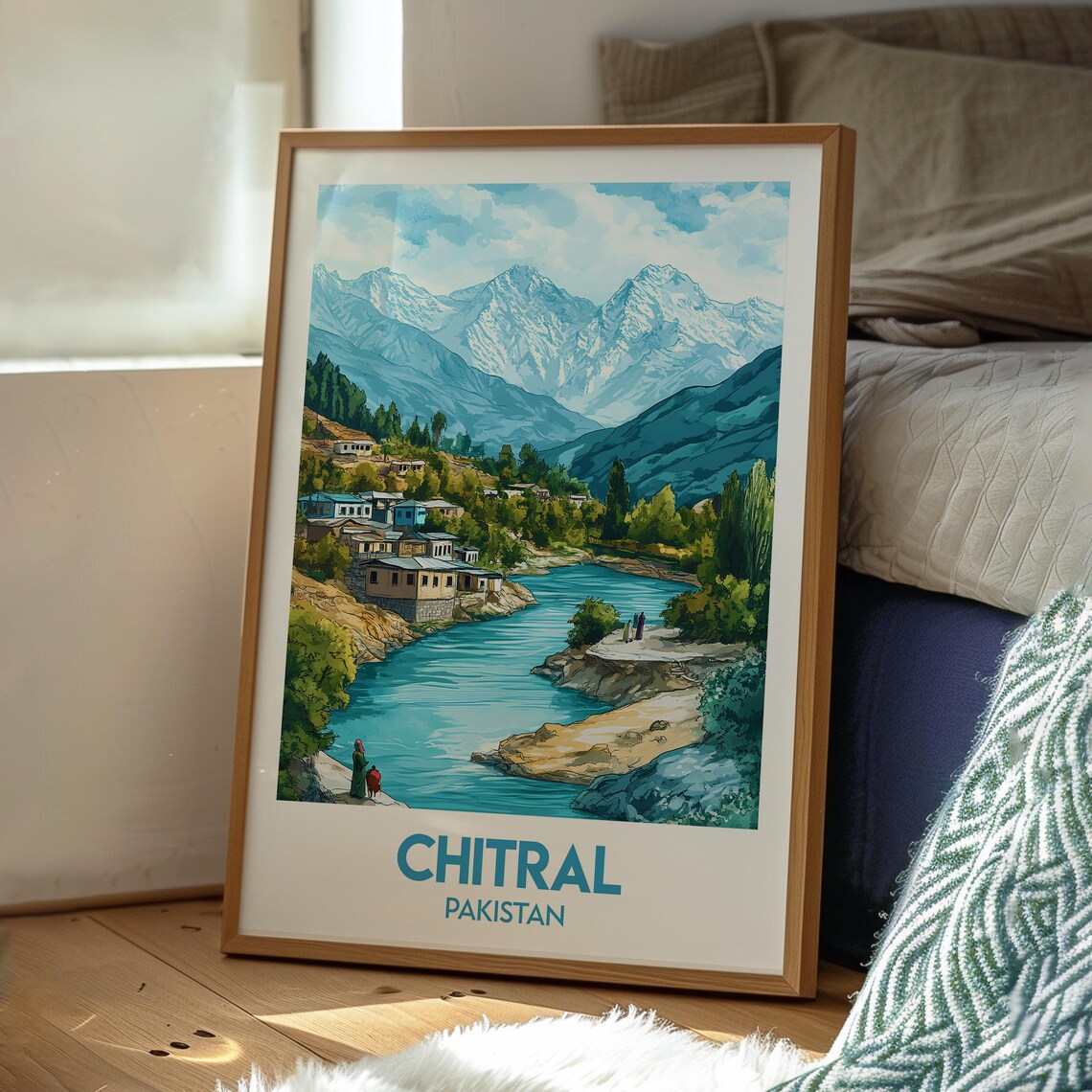 Chitral Pakistan River Valley Village Snow Peaks Travel Poster - Image 3