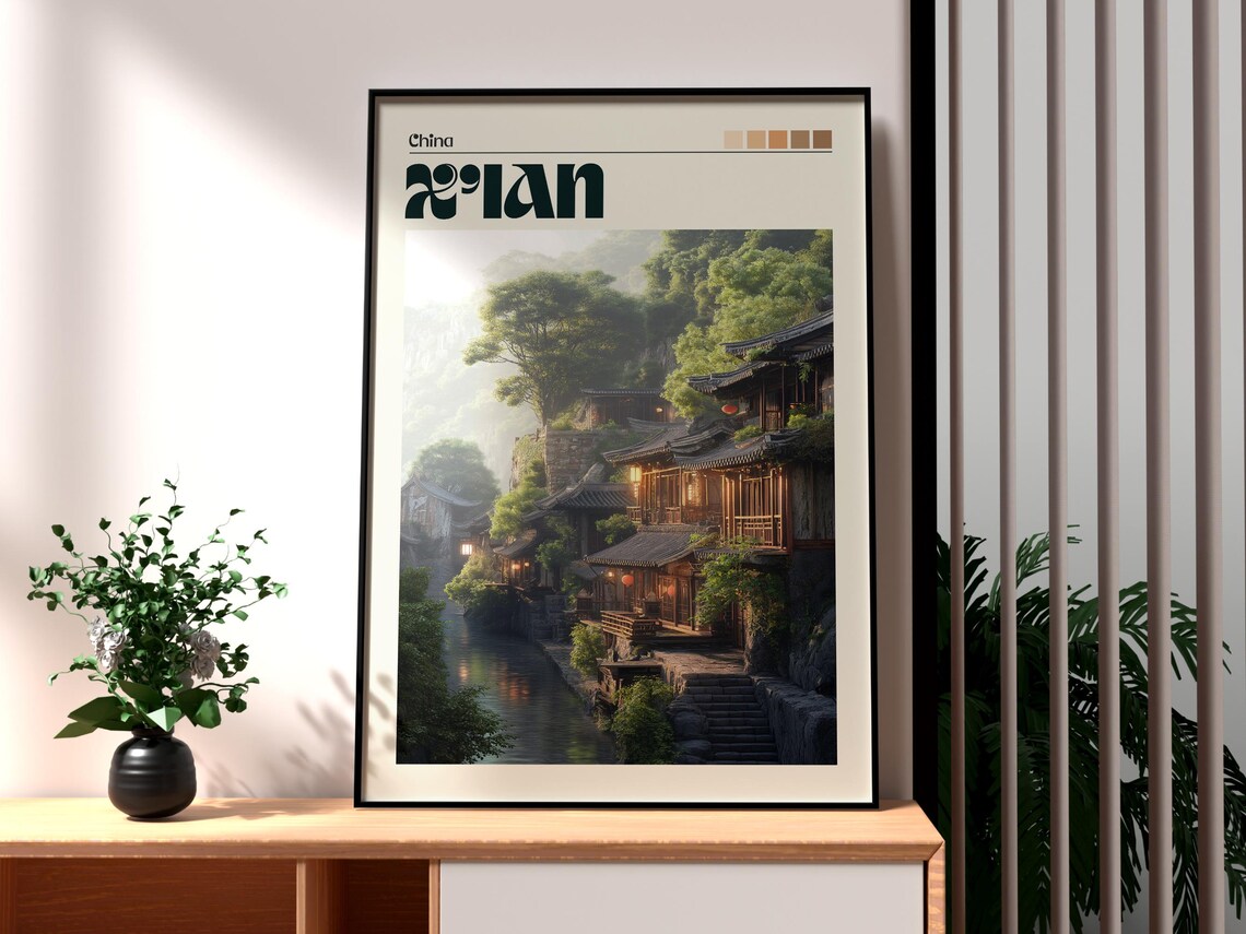 Xi An China Ancient Riverside Traditional Wooden Town Travel Poster