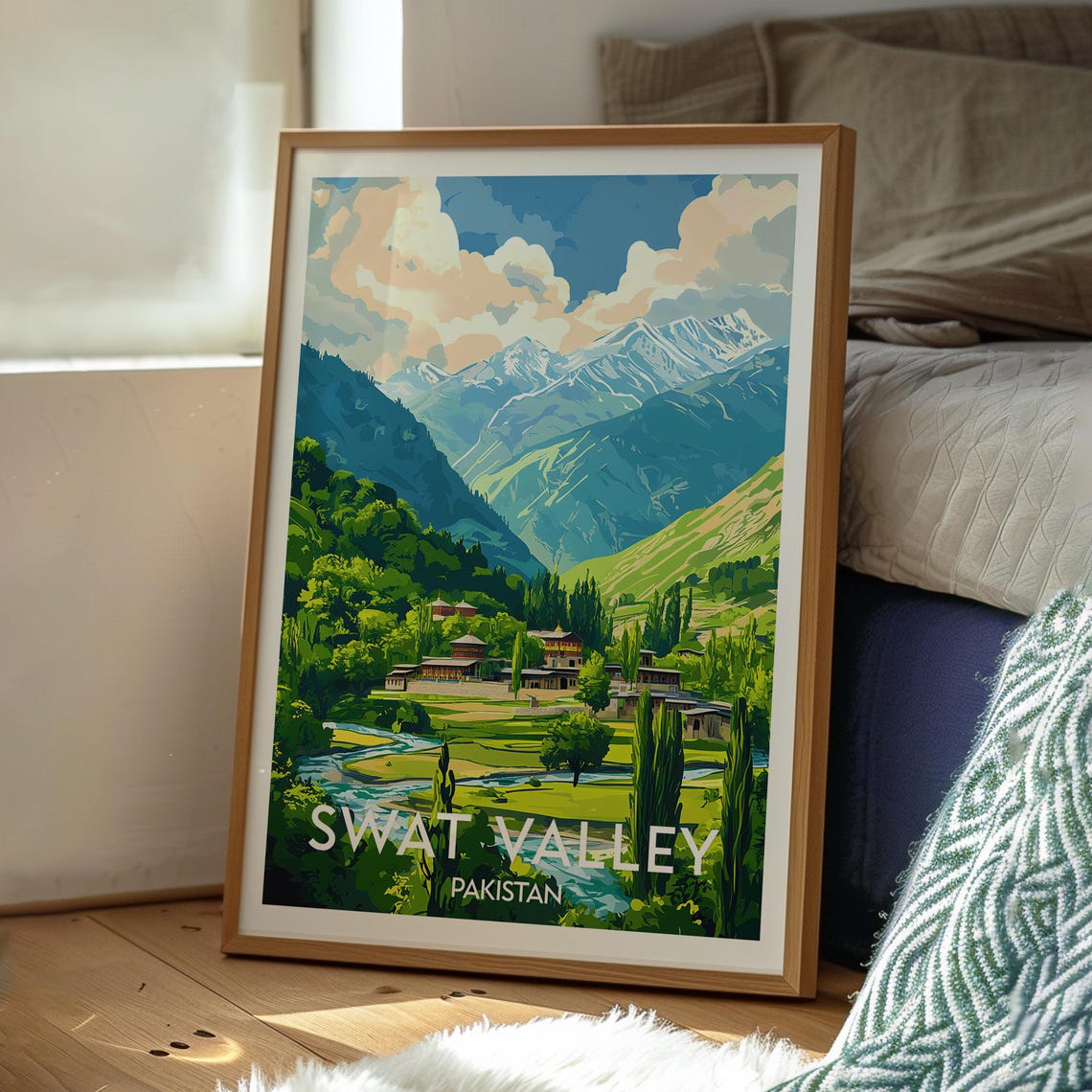 Swat Valley Pakistan Mountain Valley Snowy Peaks River Poster - Image 3