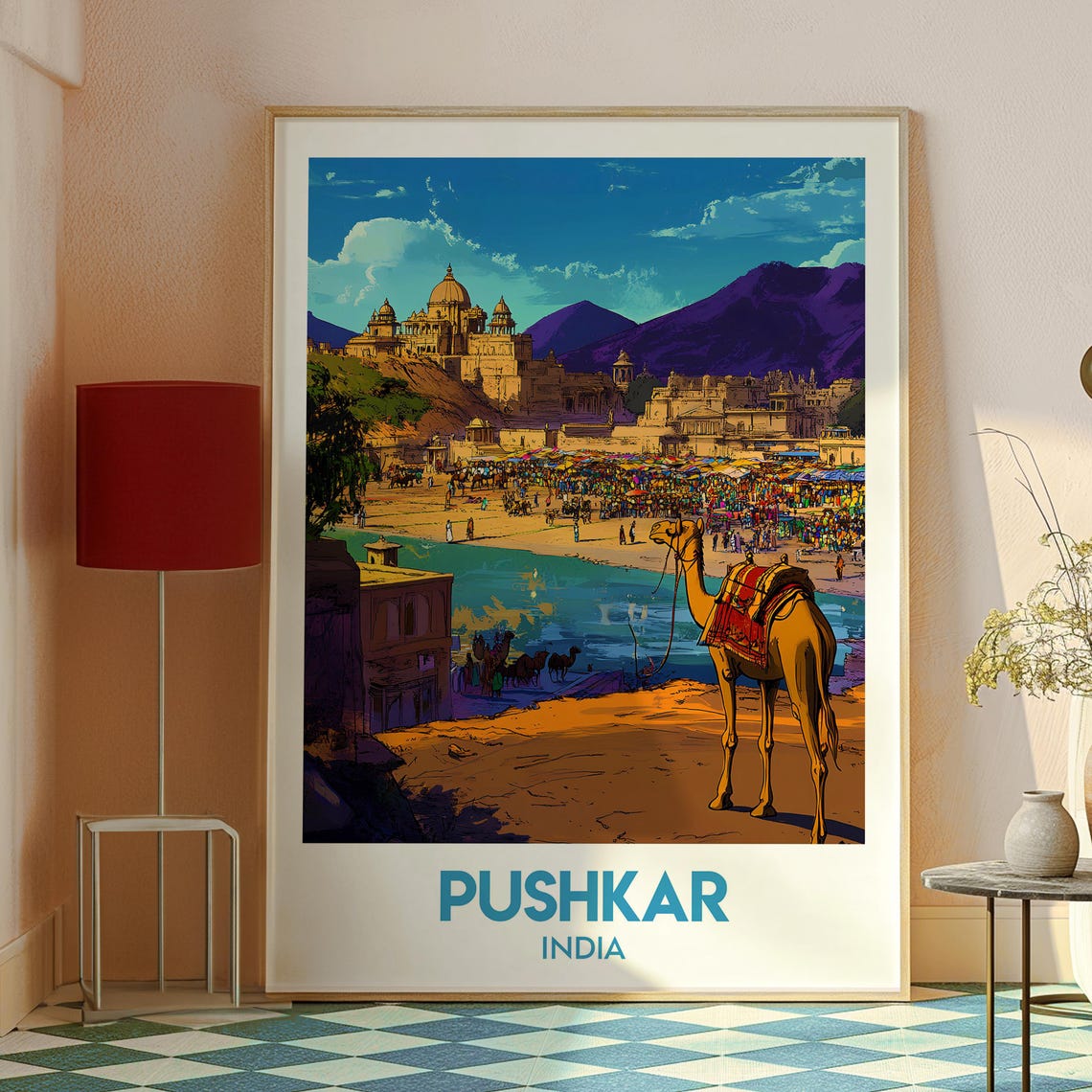 Pushkar India Camel Fair Lakeside Temple Retro Travel Poster - Image 2