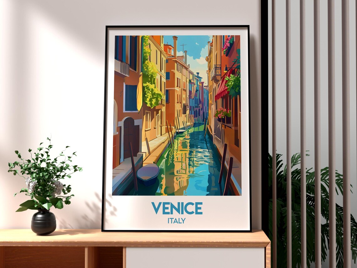 Venice Italy Colorful Canal Reflections Gondola Travel Poster