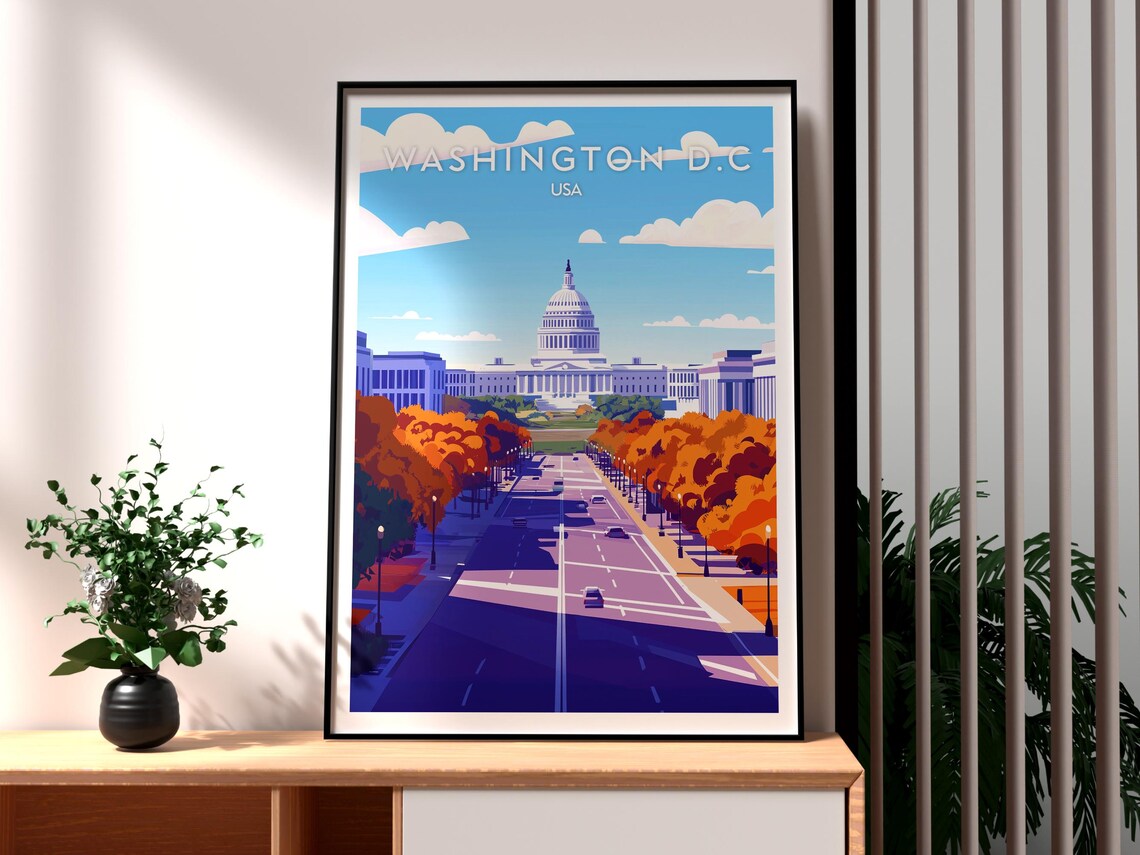 Washington DC Retro Travel Poster US Capitol Autumn Avenue Art