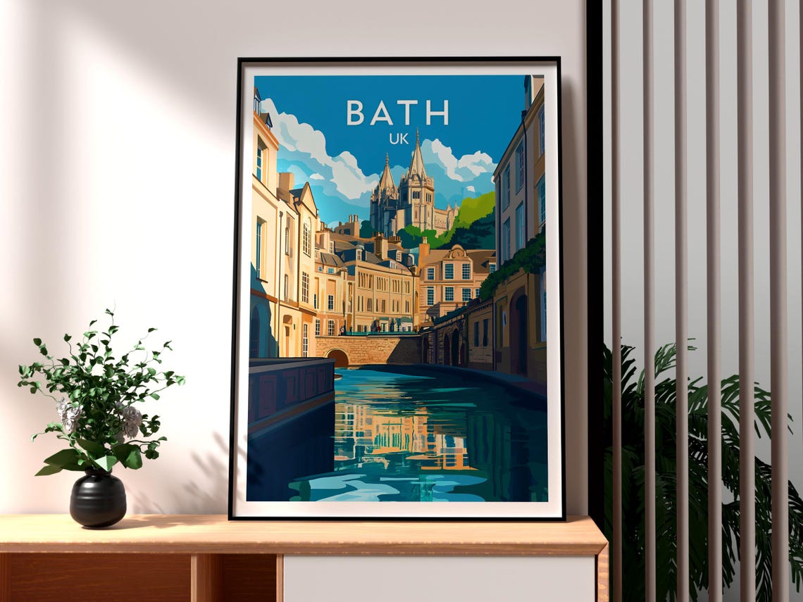 Bath UK Abbey Georgian Street River Vintage City Travel Poster