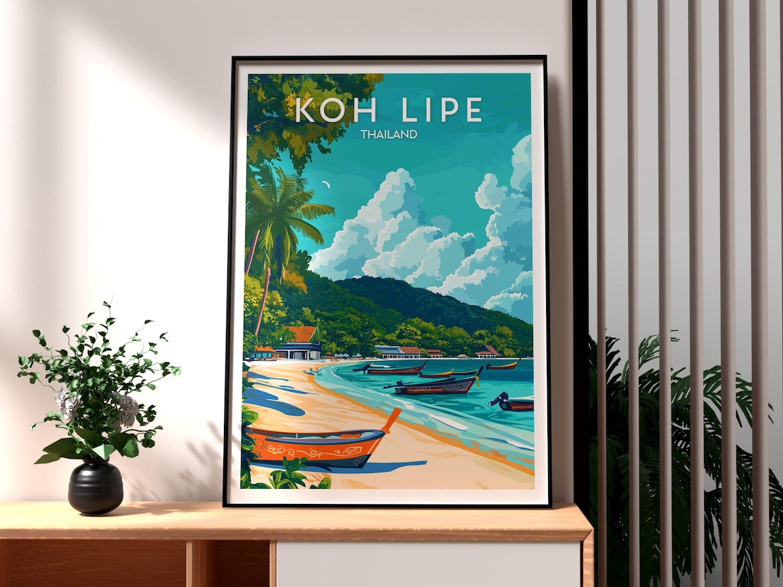 Koh Lipe Thailand Island Longtail Boats Turquoise Bay Travel Poster