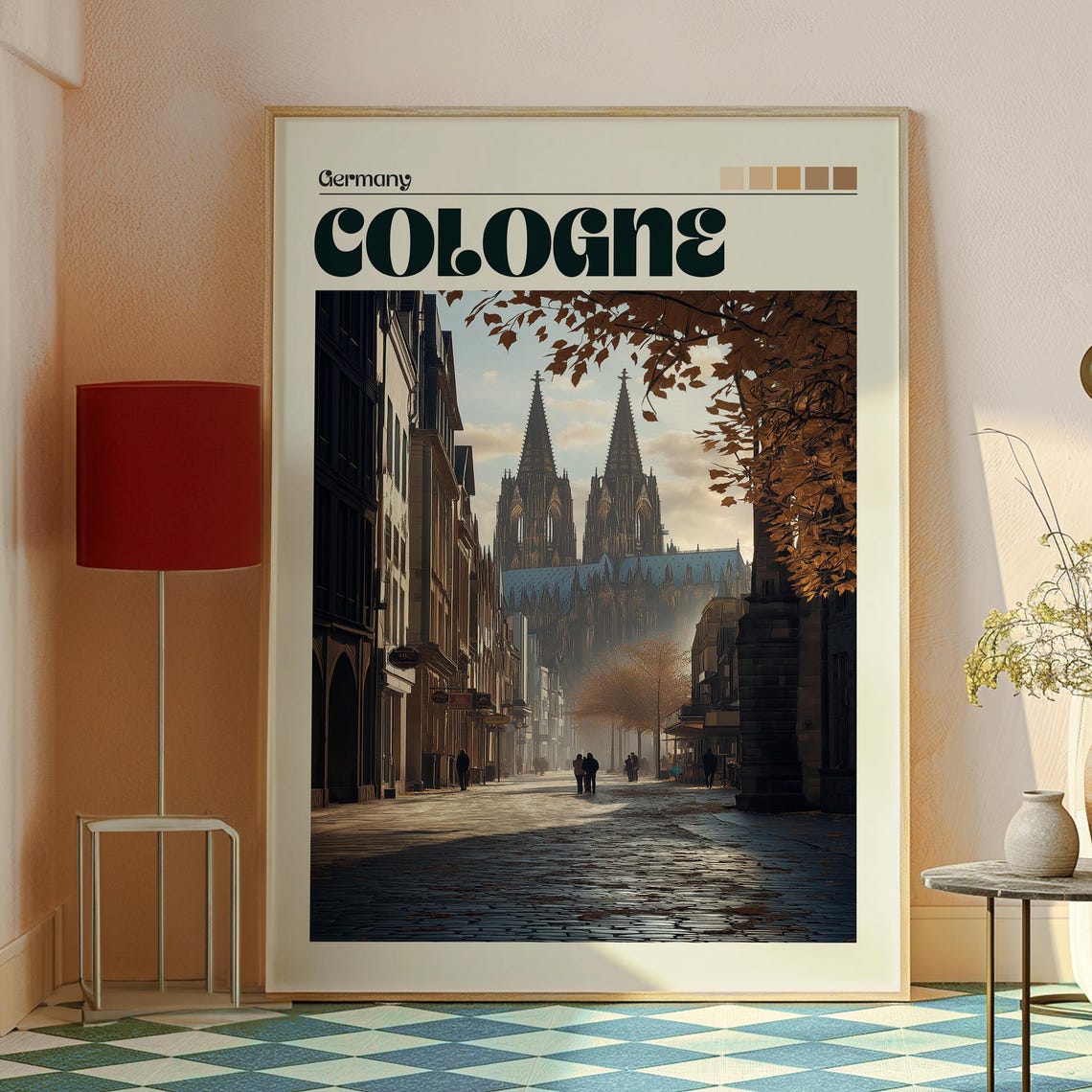 Cologne Germany Cathedral Twin Spires Cobblestone Street Autumn Poster - Image 2