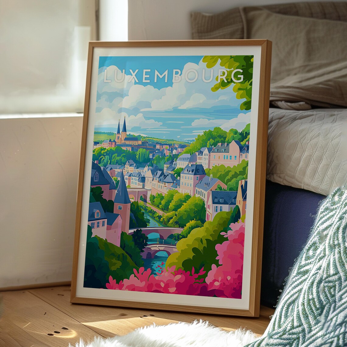 Luxembourg City Historic Old Town River Bridges Church Spires View Poster - Image 3