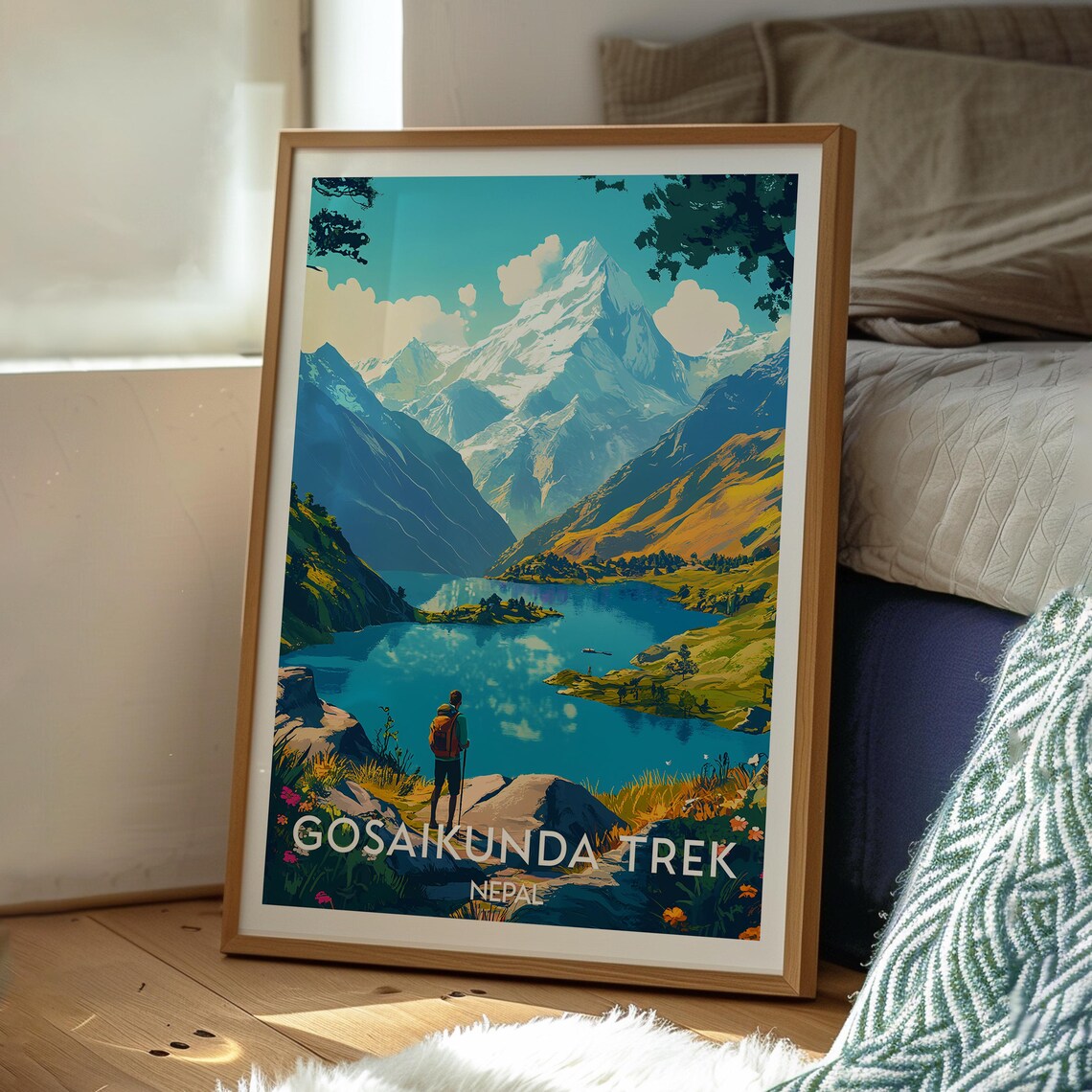 Gosaikunda Trek Nepal Alpine Lake and Hiker Mountain Travel Poster - Image 3
