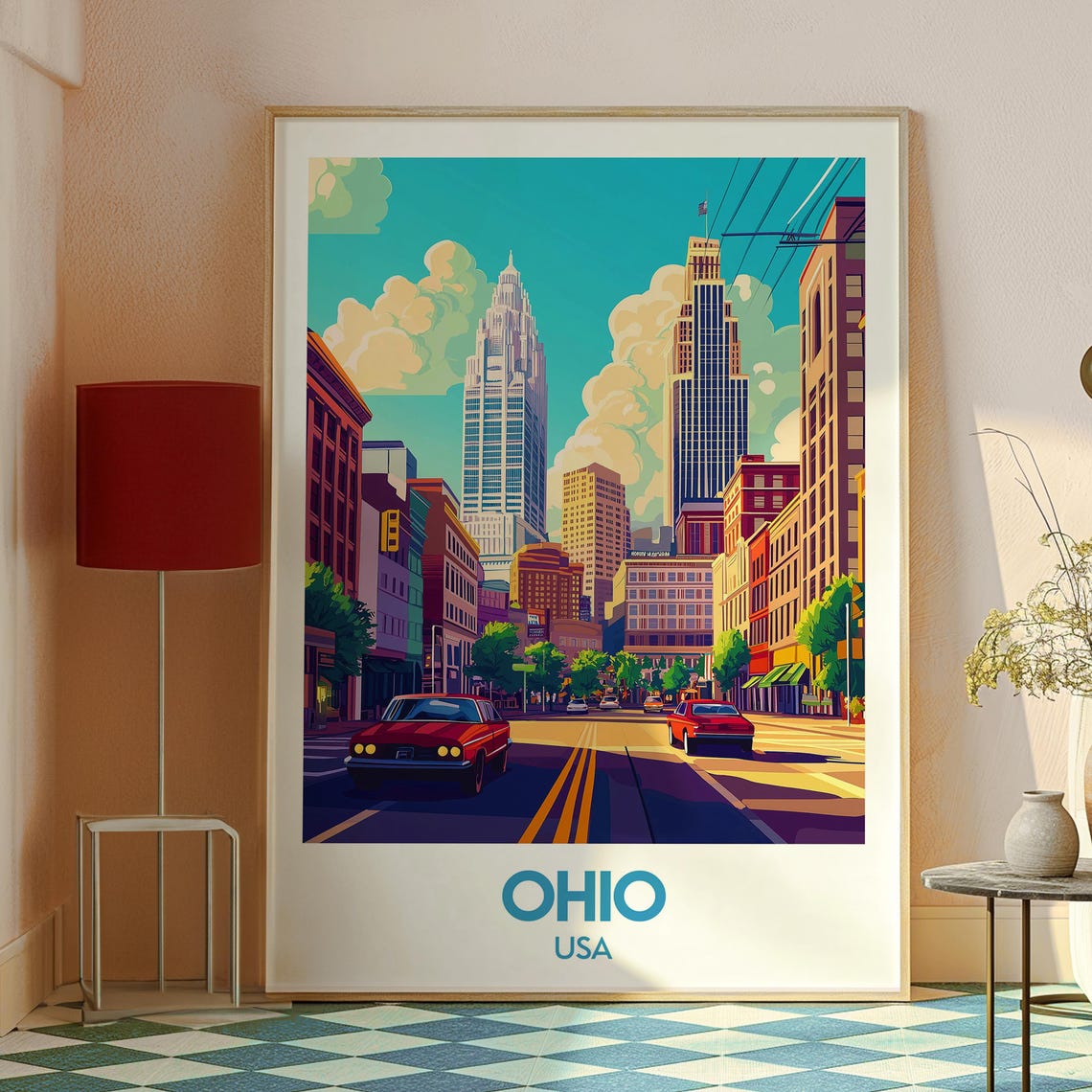 Ohio USA Downtown Skyline Skyscraper Avenue Red Cars Retro City Poster - Image 2