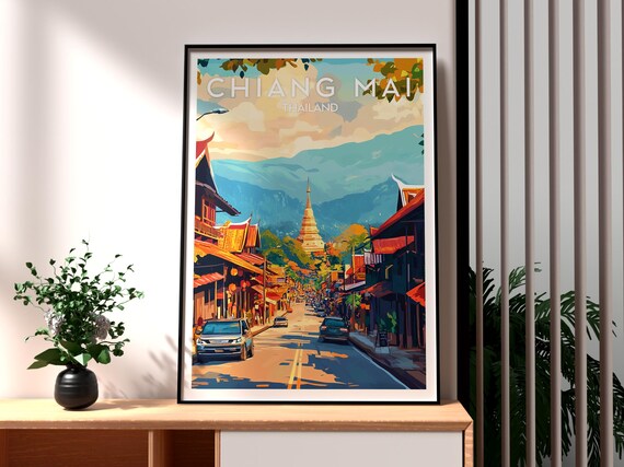Chiang Mai Thailand Temple Street Mountain Sunset Travel Poster