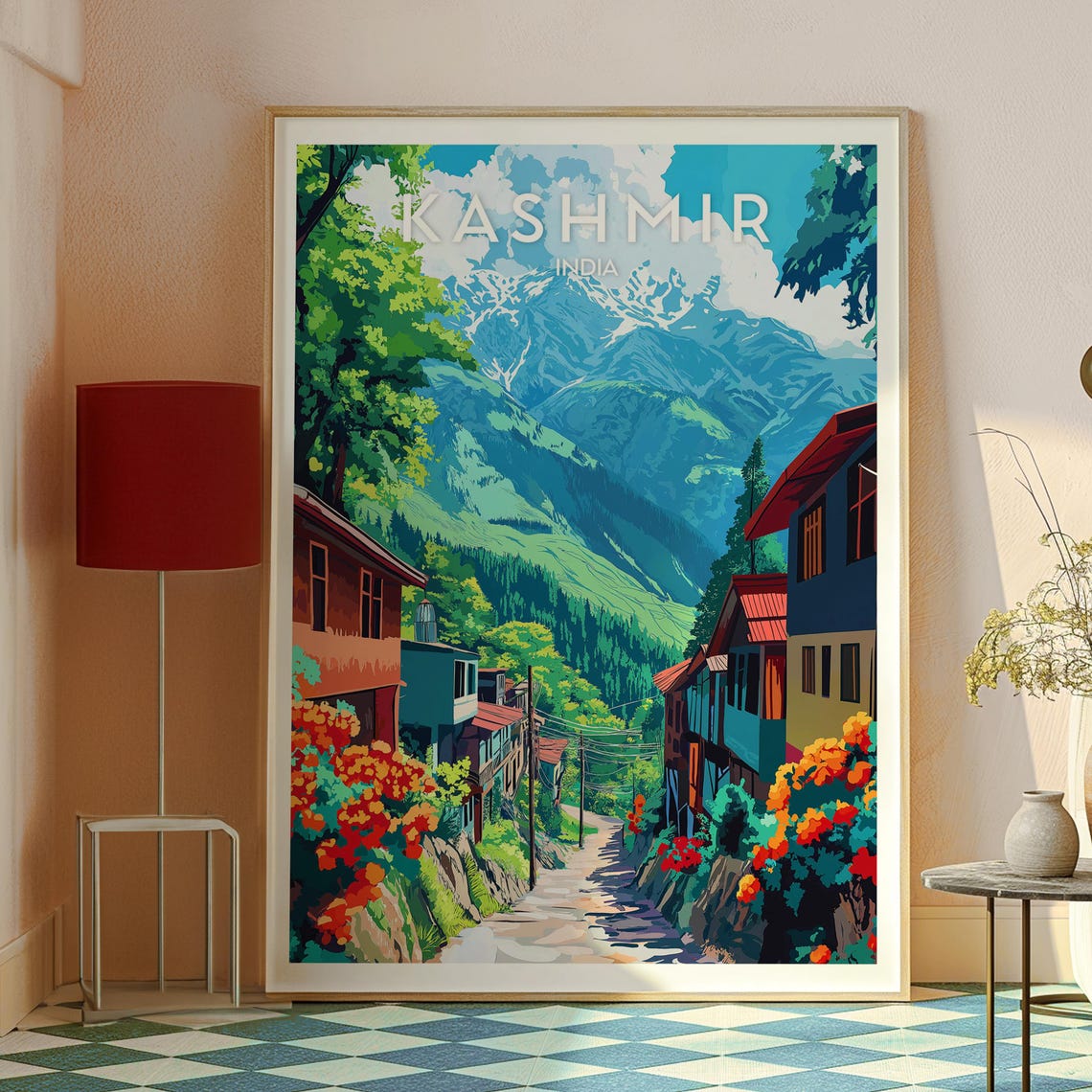 Kashmir India Himalayan Village Street Flowering Hillside Poster - Image 2