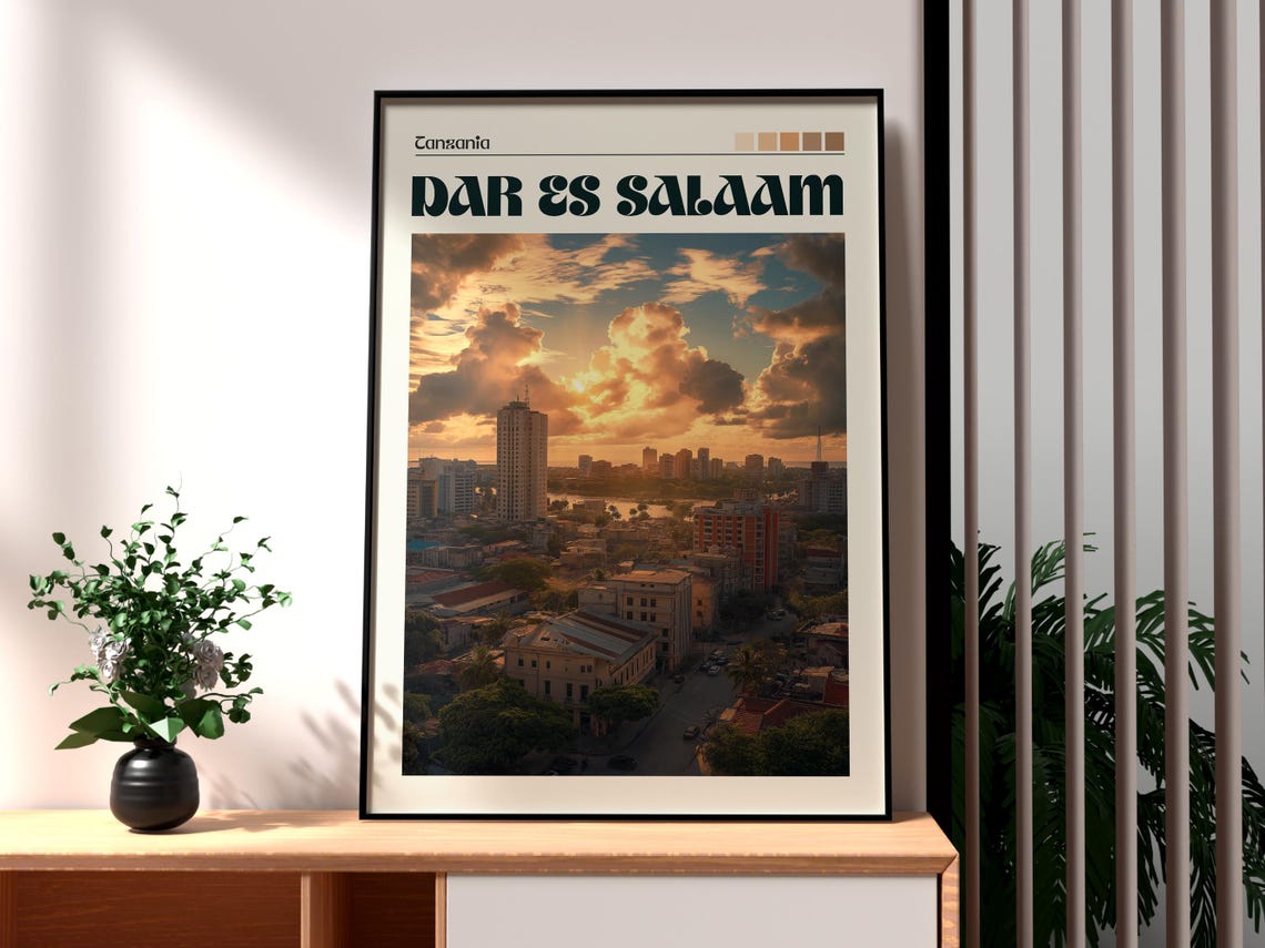 Dar Es Salaam Tanzania City Skyline Golden Sunset Clouds Travel Poster