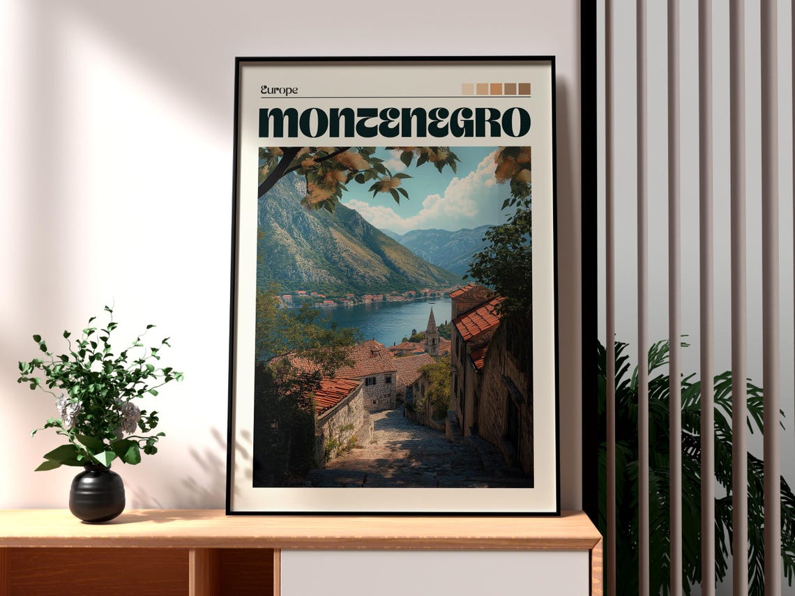 Montenegro Europe Kotor Bay Red Roof Village Mountain Poster