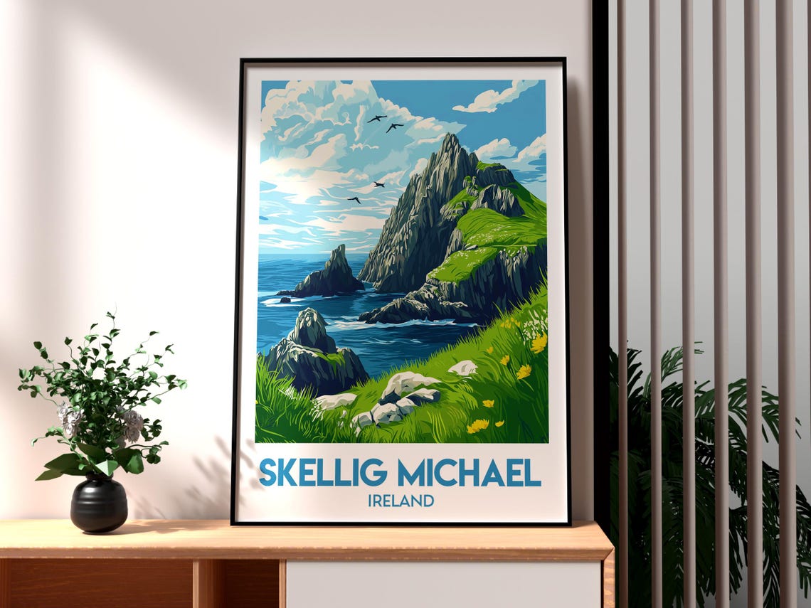 Skellig Michael Ireland Rocky Island Cliffs Seabirds Travel Poster