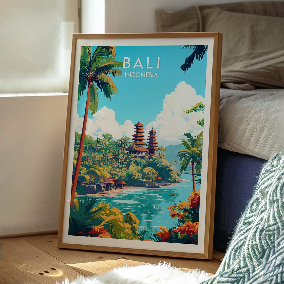 Bali Indonesia Tropical Temple Coastline Travel Illustration Poster - Image 3
