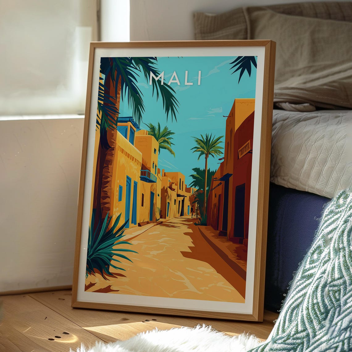 Mali African Desert Sunlit Old Town Street Palm Trees Poster - Image 3