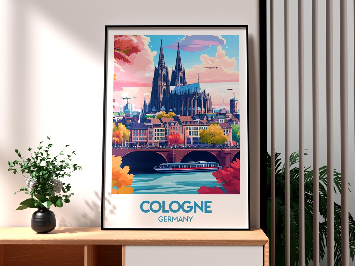 Cologne Germany Cathedral Rhine River City Colorful Art Travel Poster