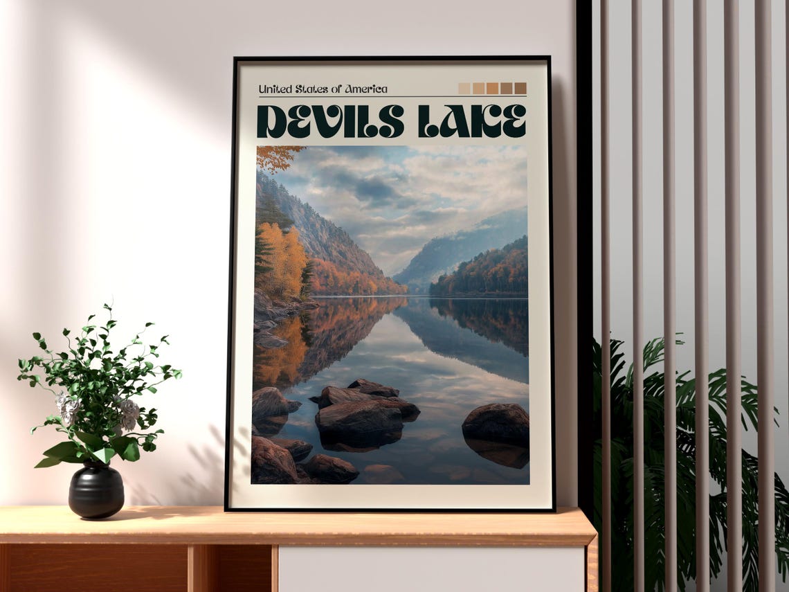 Devils Lake Wisconsin Fall Colors Mirror Reflection Travel Poster