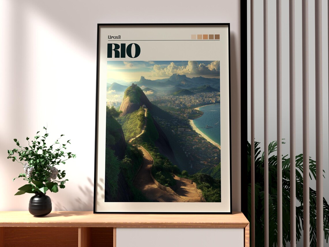 Rio Brazil Aerial Sugarloaf Coastline City Scenic Travel Poster