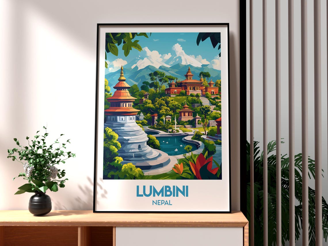 Lumbini Nepal Sacred Temples Himalayan Mountain View Travel Poster