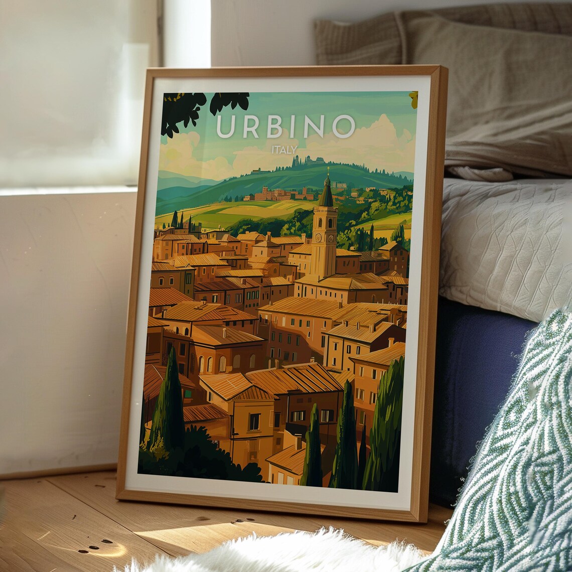Urbino Italy Historic Hill Town Clock Tower View Travel Poster - Image 3