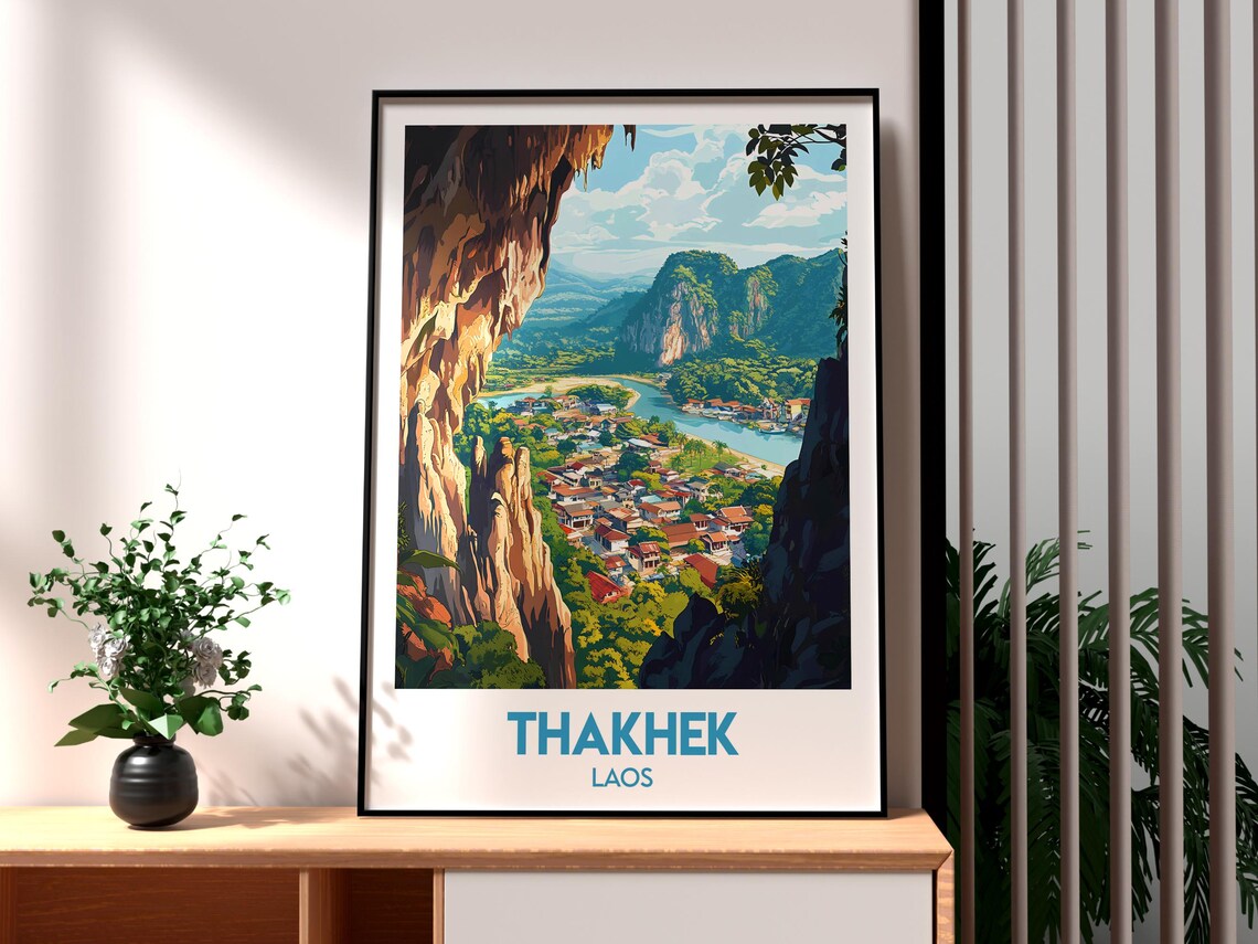 Thakhek Laos Karst Cliff River Town Vista Vintage Travel Poster