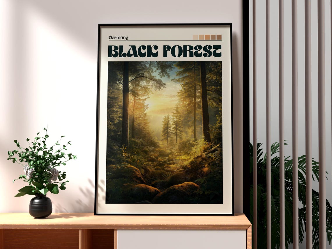 Black Forest Germany Misty Pine Forest Golden Light Travel Poster