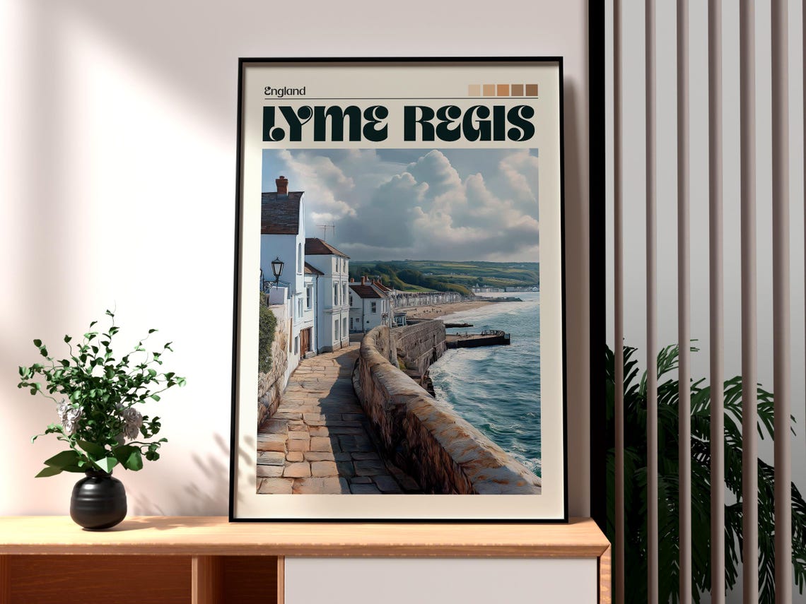 Lyme Regis England Coastal Promenade Stone Seawall Beach Travel Poster
