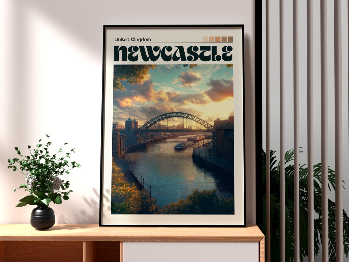 Newcastle UK Tyne Bridge River Sunset Quayside City Travel Poster