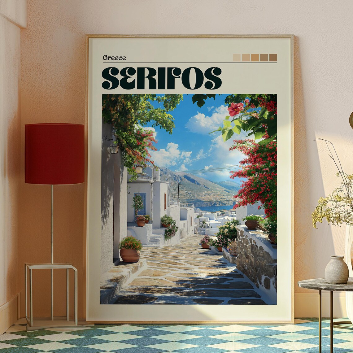 Serifos Greece Whitewashed Lane Bougainvillea Vintage Travel Poster - Image 2