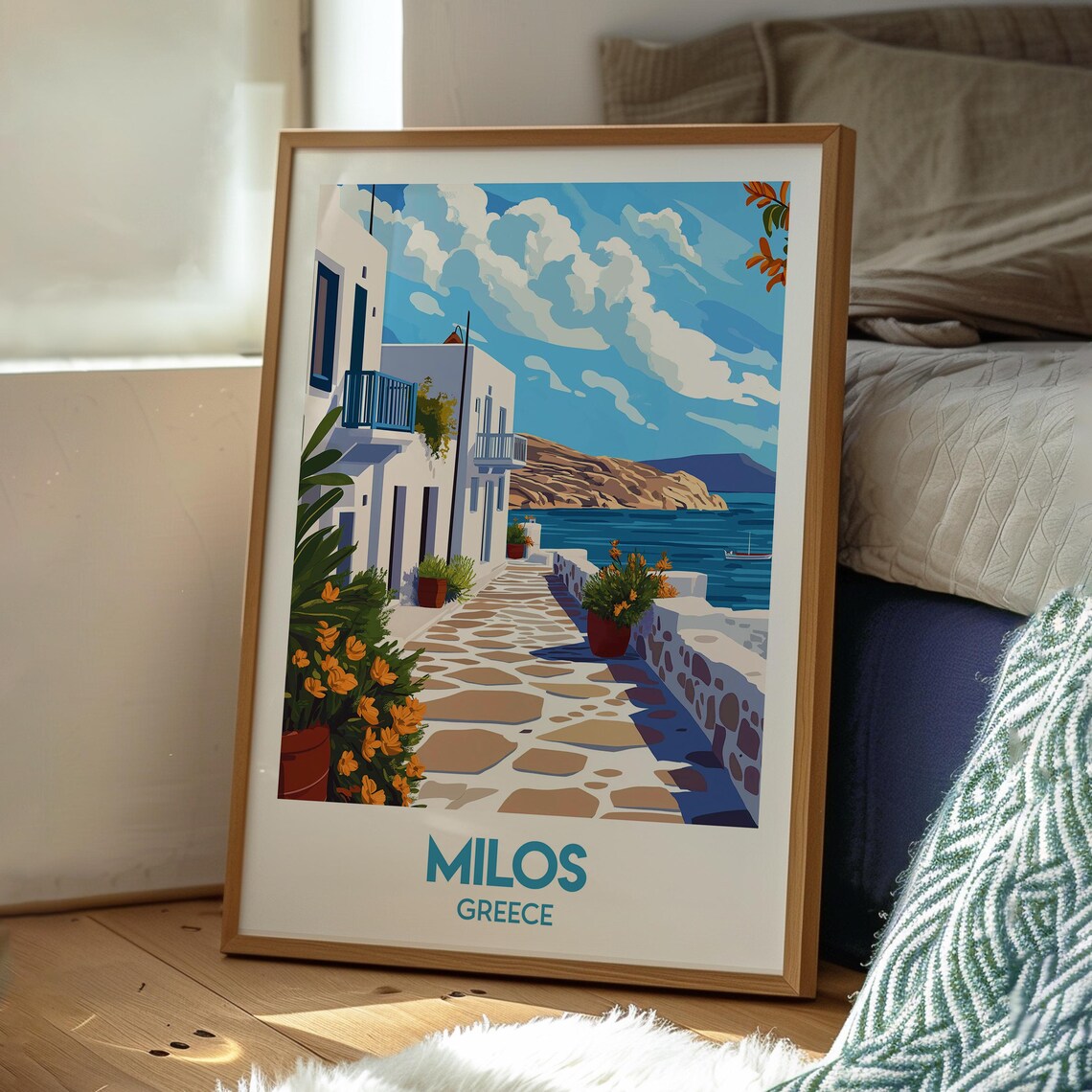 Milos Greece Whitewashed Village Lane Aegean Sea View Poster - Image 3