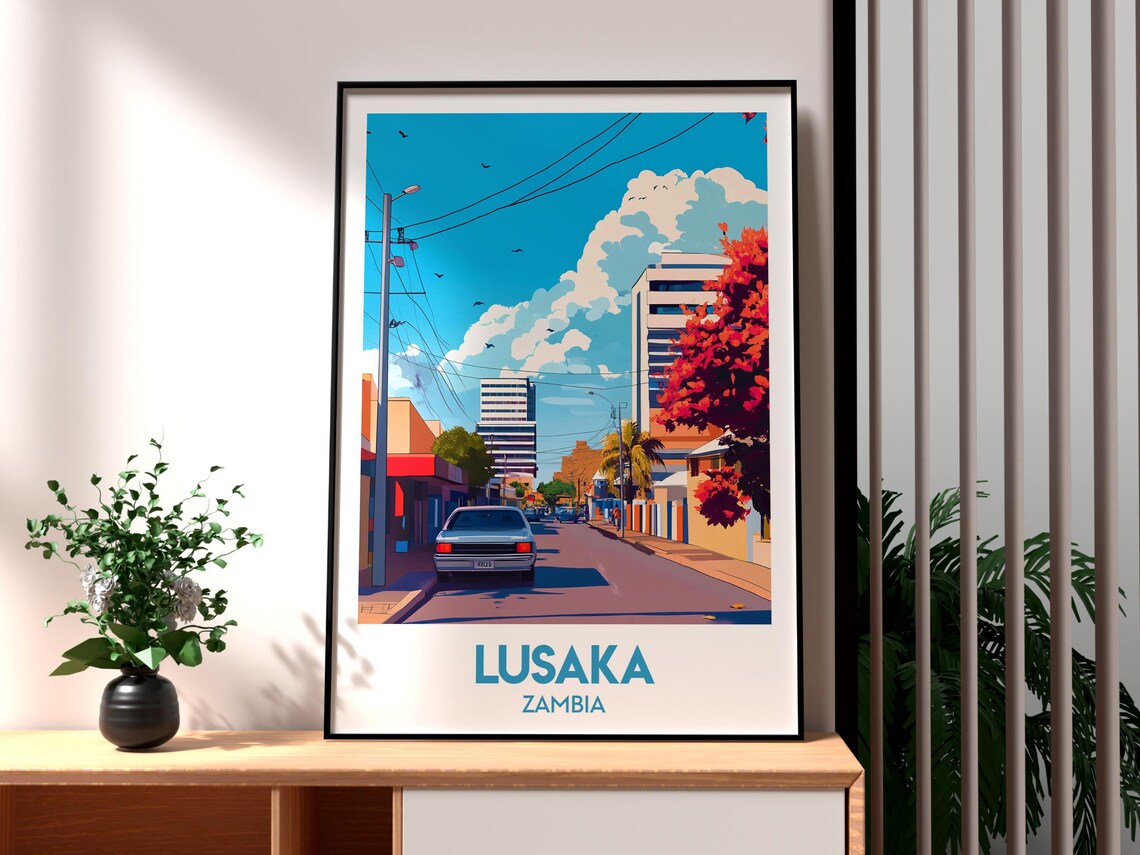 Lusaka Zambia Sunny Street Scene City Buildings Vintage Travel Poster