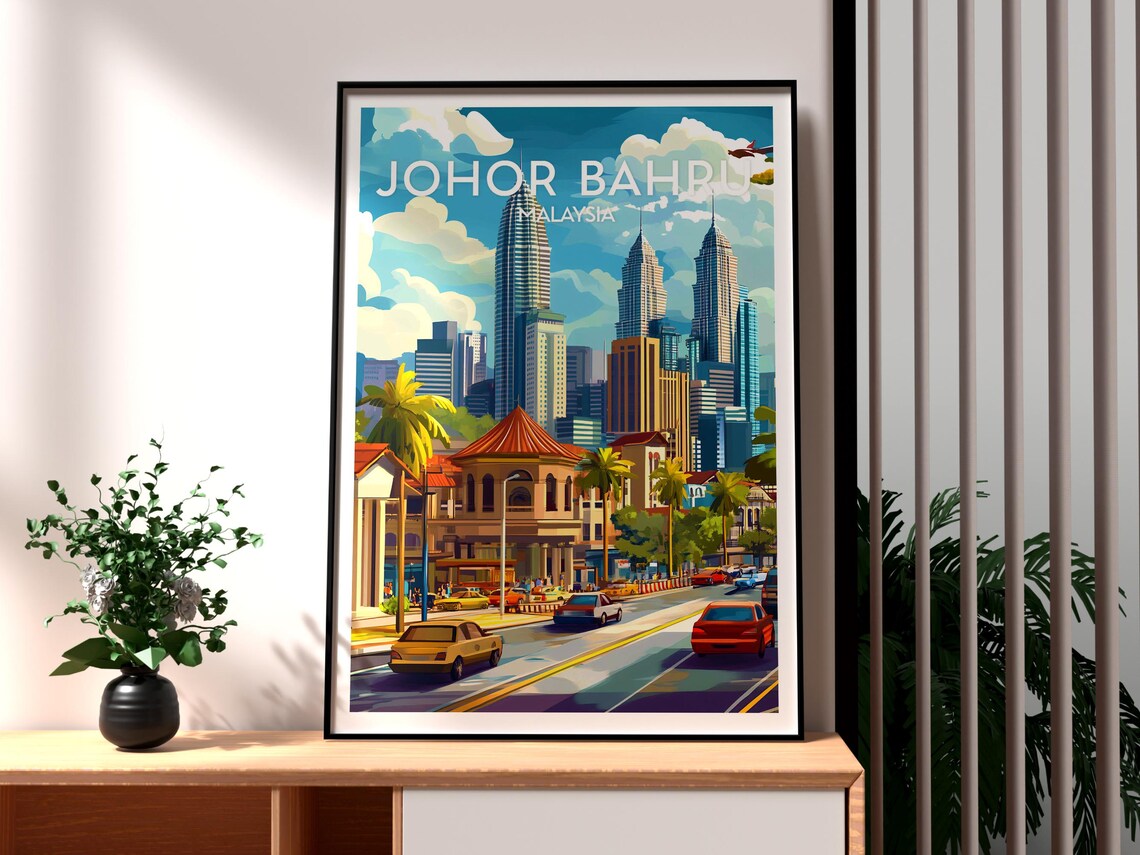 Johor Bahru Malaysia Skyscraper City Street Palms Travel Poster
