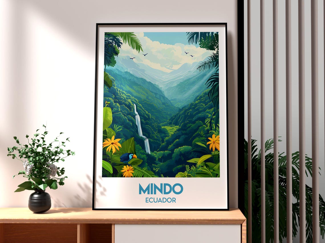 Mindo Ecuador Cloud Forest Waterfall Toucan Jungle Travel Poster