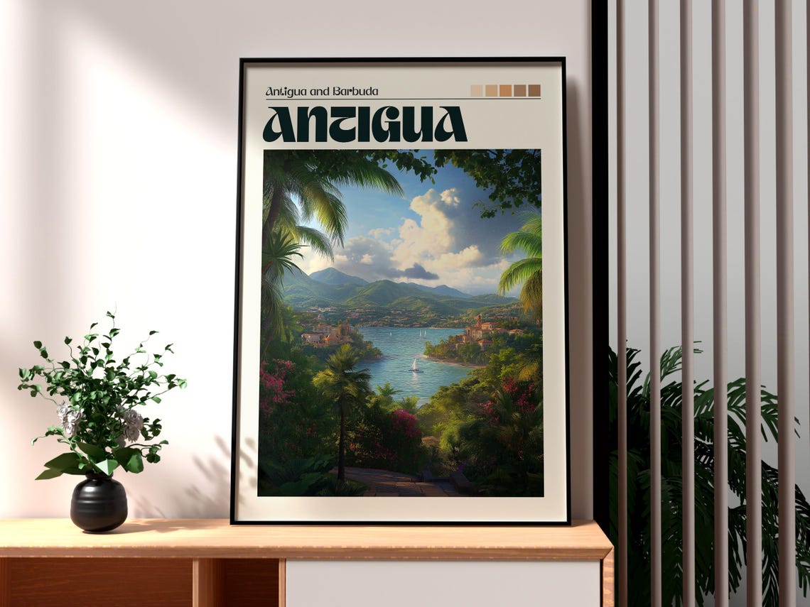 Antigua Caribbean Tropical Bay Island Sail Vintage Travel Poster