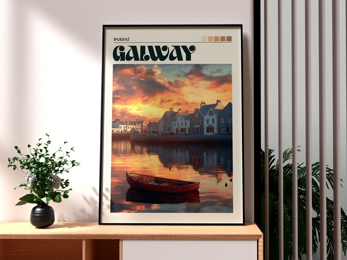 Galway Ireland Harbour Sunset Rowboat Waterfront Travel Poster