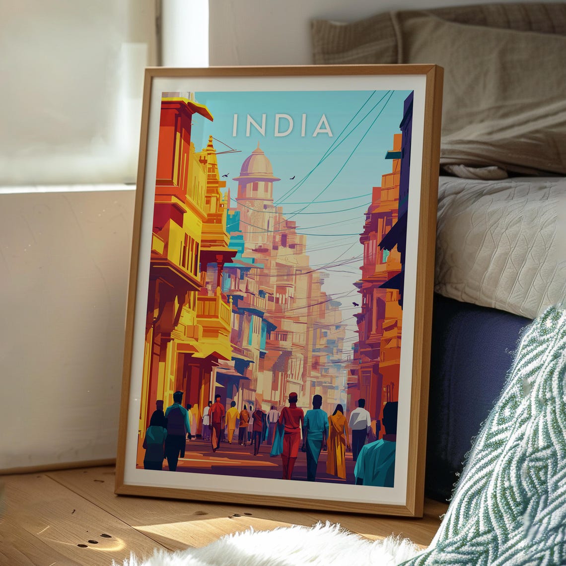 India Vibrant Street Scene Heritage Buildings Illustration Poster - Image 3