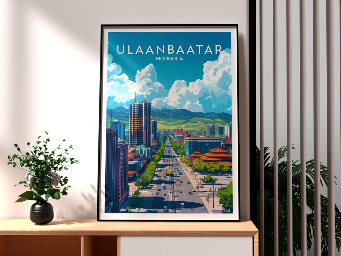 Ulaanbaatar Mongolia City Boulevard Mountain Skyline Travel Poster