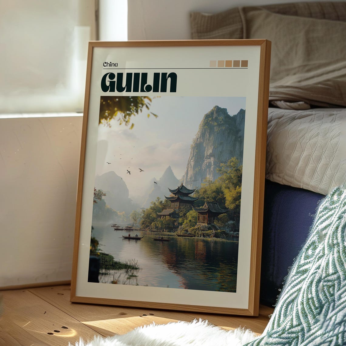 Guilin China Misty Karst Mountains River Boats Pagoda Travel Poster - Image 3