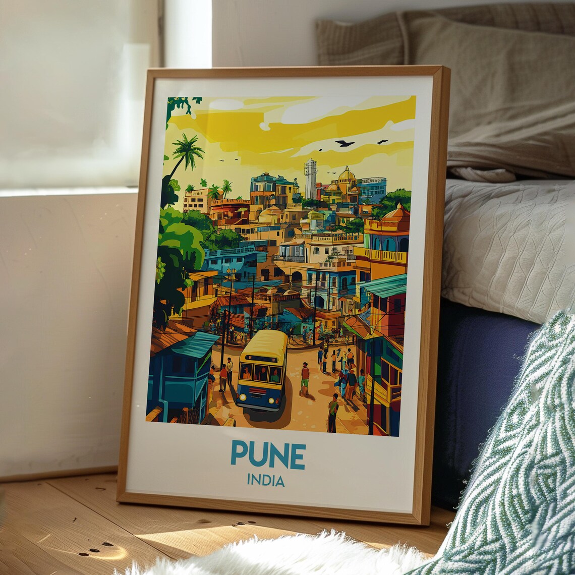 Pune India Busy Colorful Street Bus Scene Illustration Art Poster - Image 3