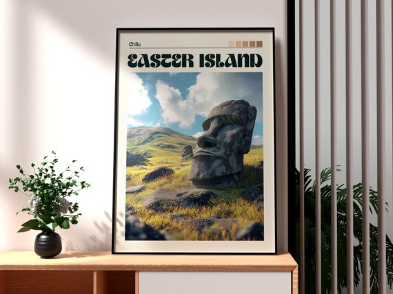 Easter Island Chile Moai Stone Statue Grassland Travel Poster