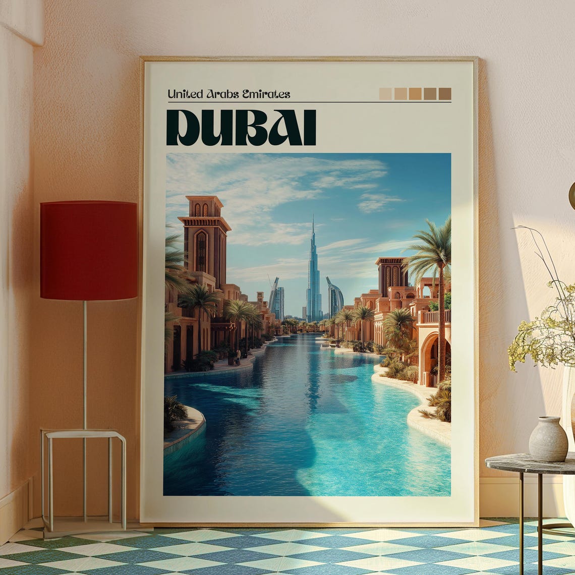 Dubai UAE Waterfront Canal Burj Khalifa Skyline Travel Poster - Image 2