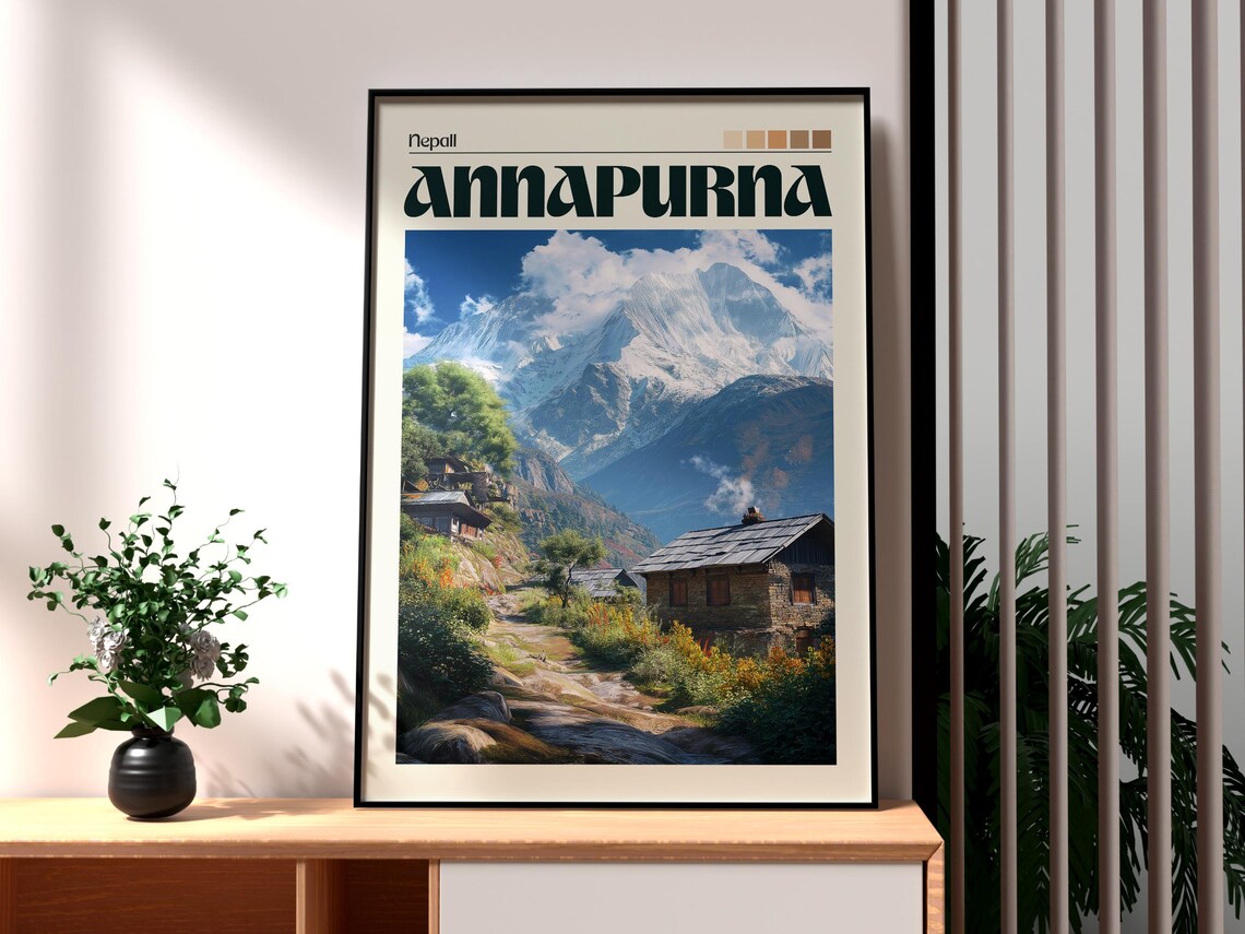 Annapurna Himalaya Nepal Mountain Village Trekking Scene Travel Poster